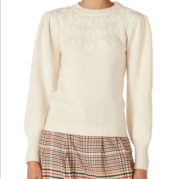 Louna embroidered puff sleeve sweater beige size xs - Picture 2 of 4